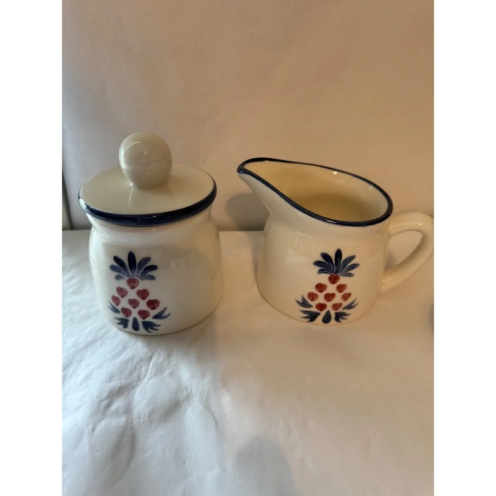 NS Gustin Co Pineapple Creamer Sugar Set with 3 Mugs Hand‎ Decorated Made in USA